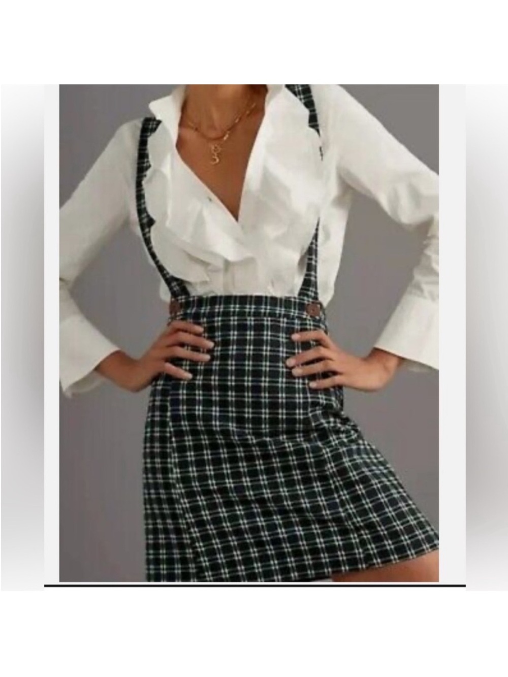 Anthropologie Maeve Green Plaid Pinafore Skirt Overalls Suspender Womens Size 14